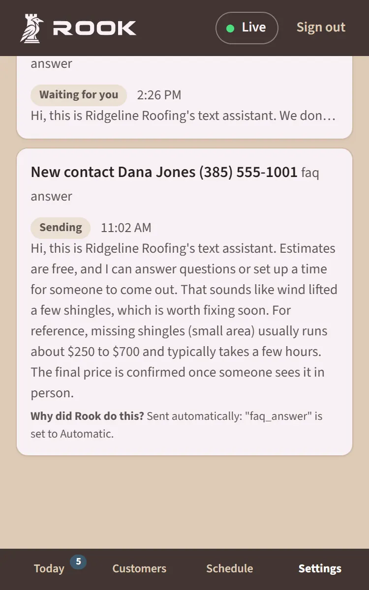 A reply the demo business sent automatically, opened in Recent actions to show its “Why did Rook do this?” receipt.
