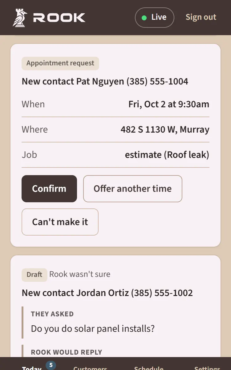 The Today tab on a phone for a demo business: an appointment request with Confirm, Offer another time and Can’t make it buttons, and a draft reply waiting for the owner’s OK.